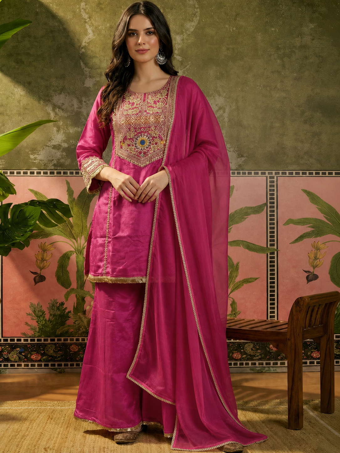 Women's Premium Pink Embroidered Straight Kurta Palazzo Set with Dupatta