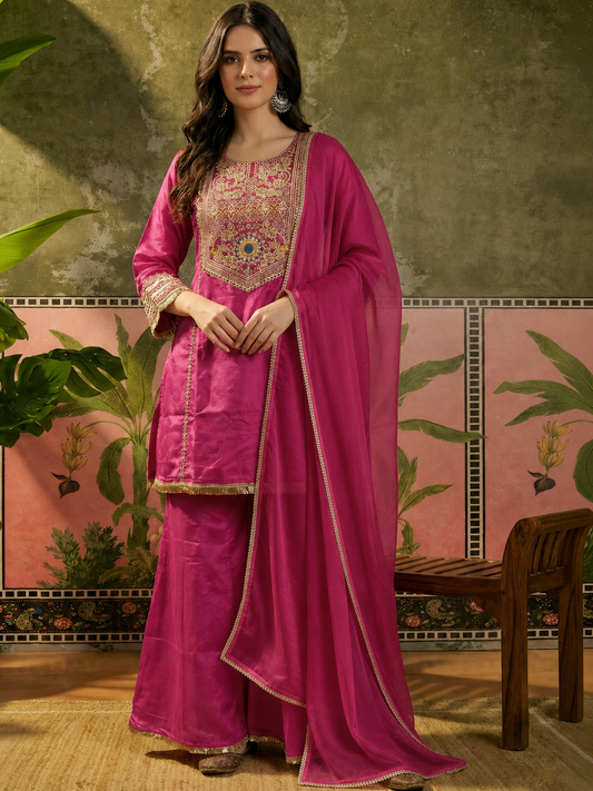 Women's Premium Pink Embroidered Straight Kurta Palazzo Set with Dupatta