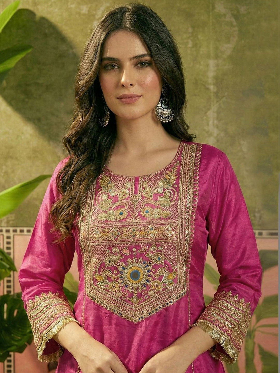Women's Premium Pink Embroidered Straight Kurta Palazzo Set with Dupatta
