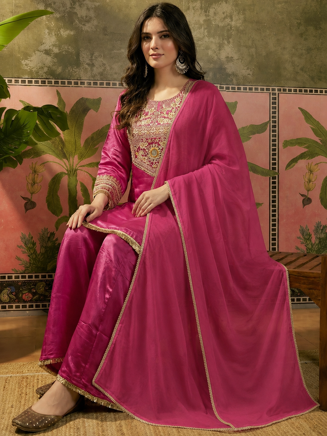 Women's Premium Pink Embroidered Straight Kurta Palazzo Set with Dupatta