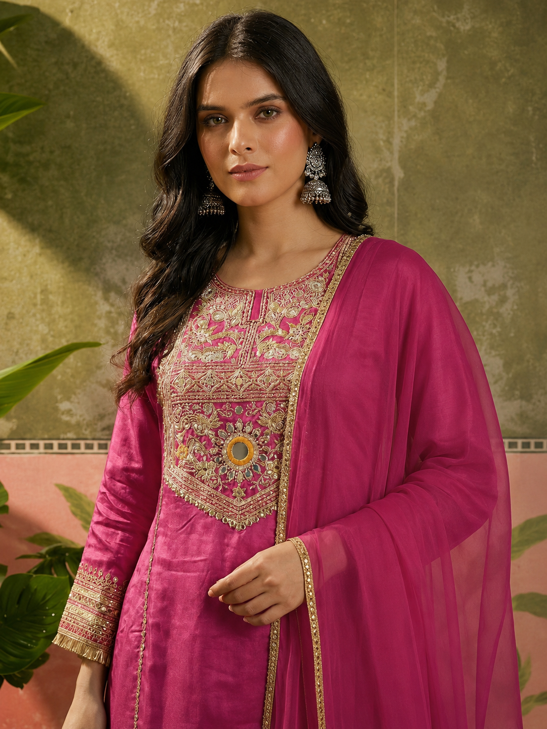 Women's Premium Pink Embroidered Straight Kurta Palazzo Set with Dupatta