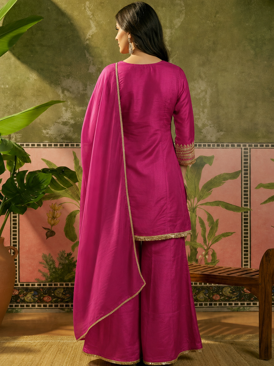 Women's Premium Pink Embroidered Straight Kurta Palazzo Set with Dupatta