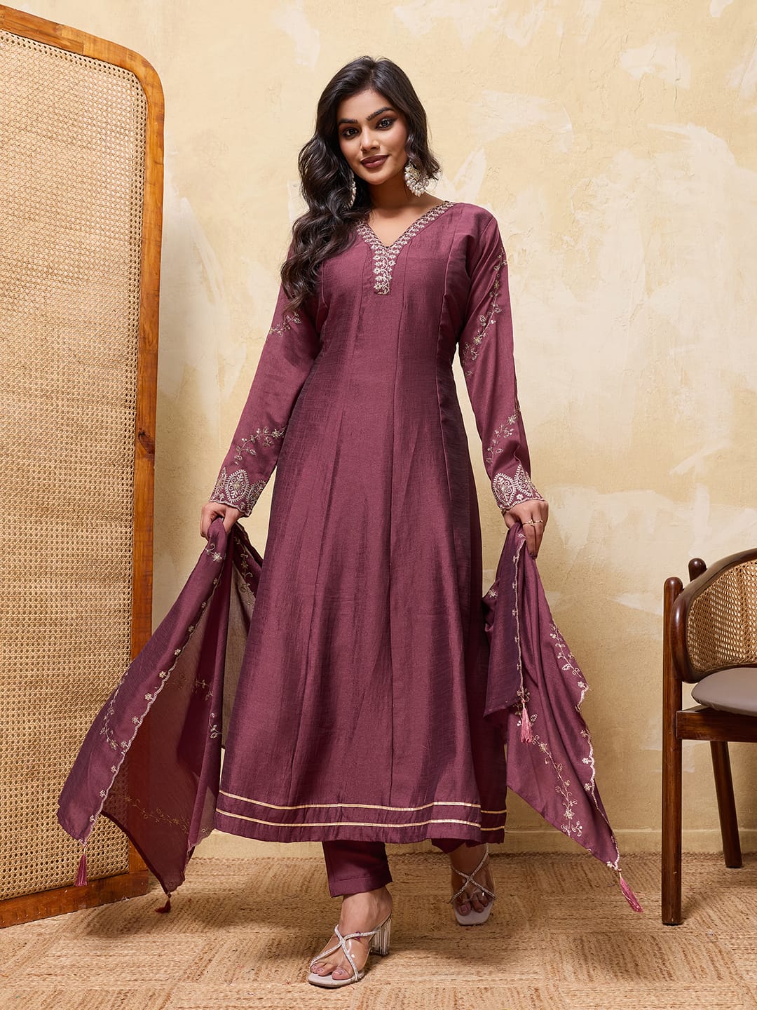 Women Maroon Embroidered Anarkali Kurta Pant With Dupatta Set