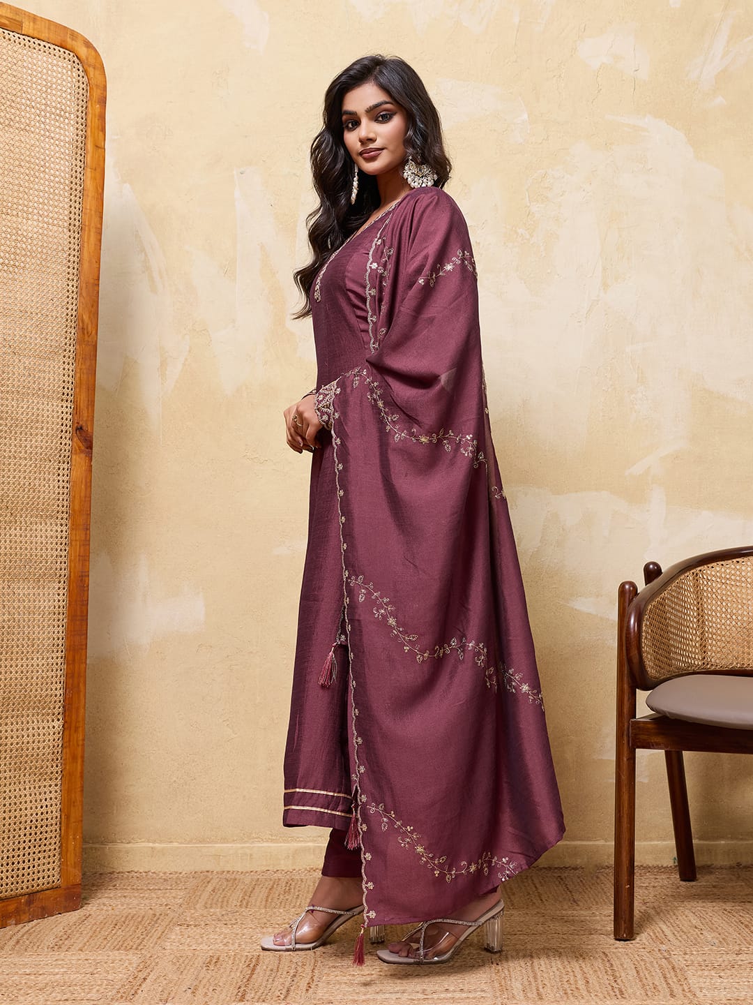 Women Maroon Embroidered Anarkali Kurta Pant With Dupatta Set