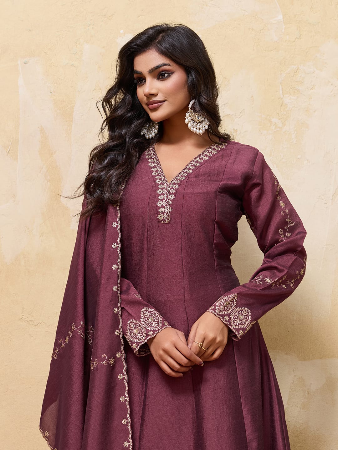 Women Maroon Embroidered Anarkali Kurta Pant With Dupatta Set