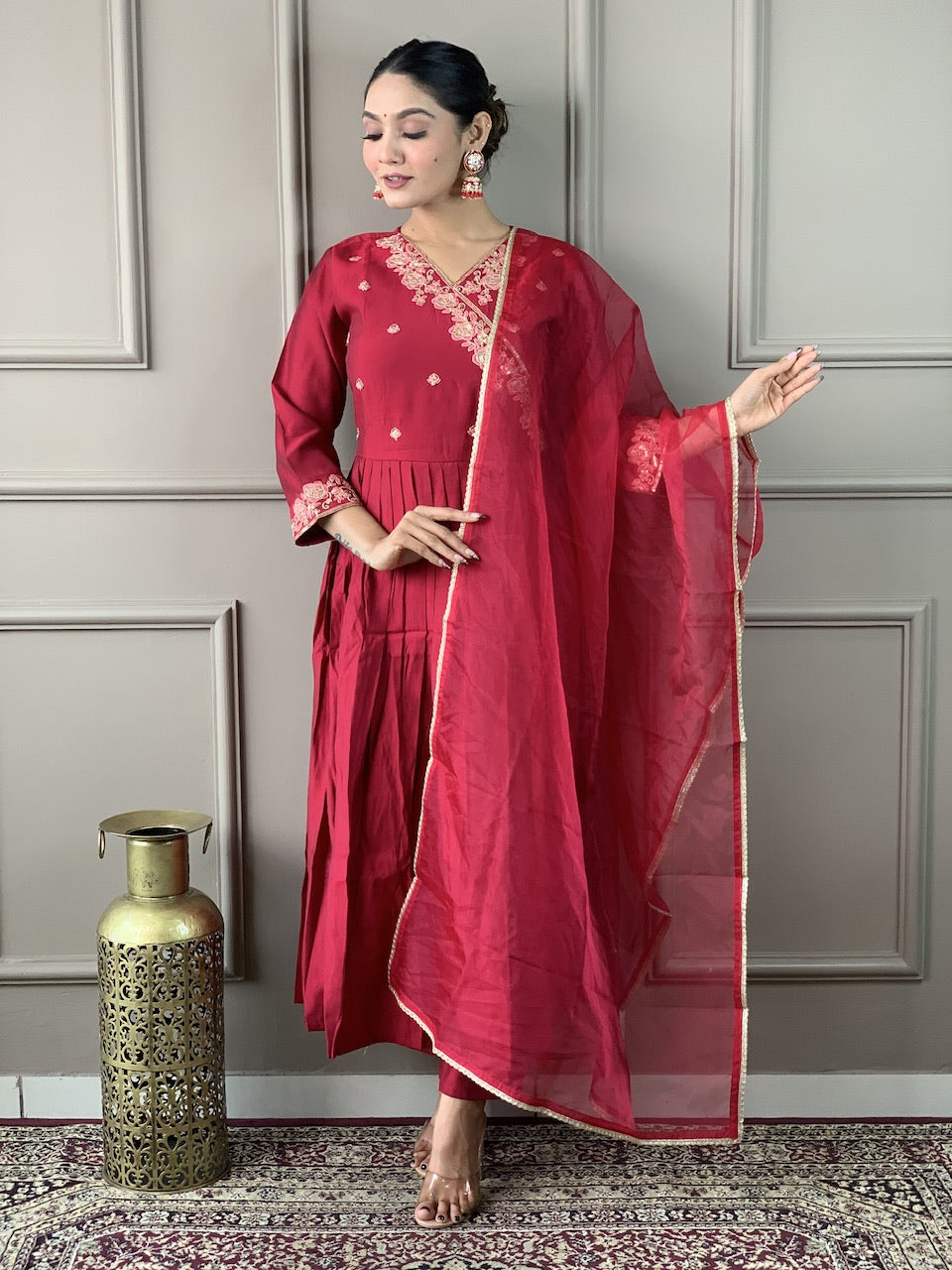 Anarkali  Chanderi Embroidered Kurta Set with  Dupatta