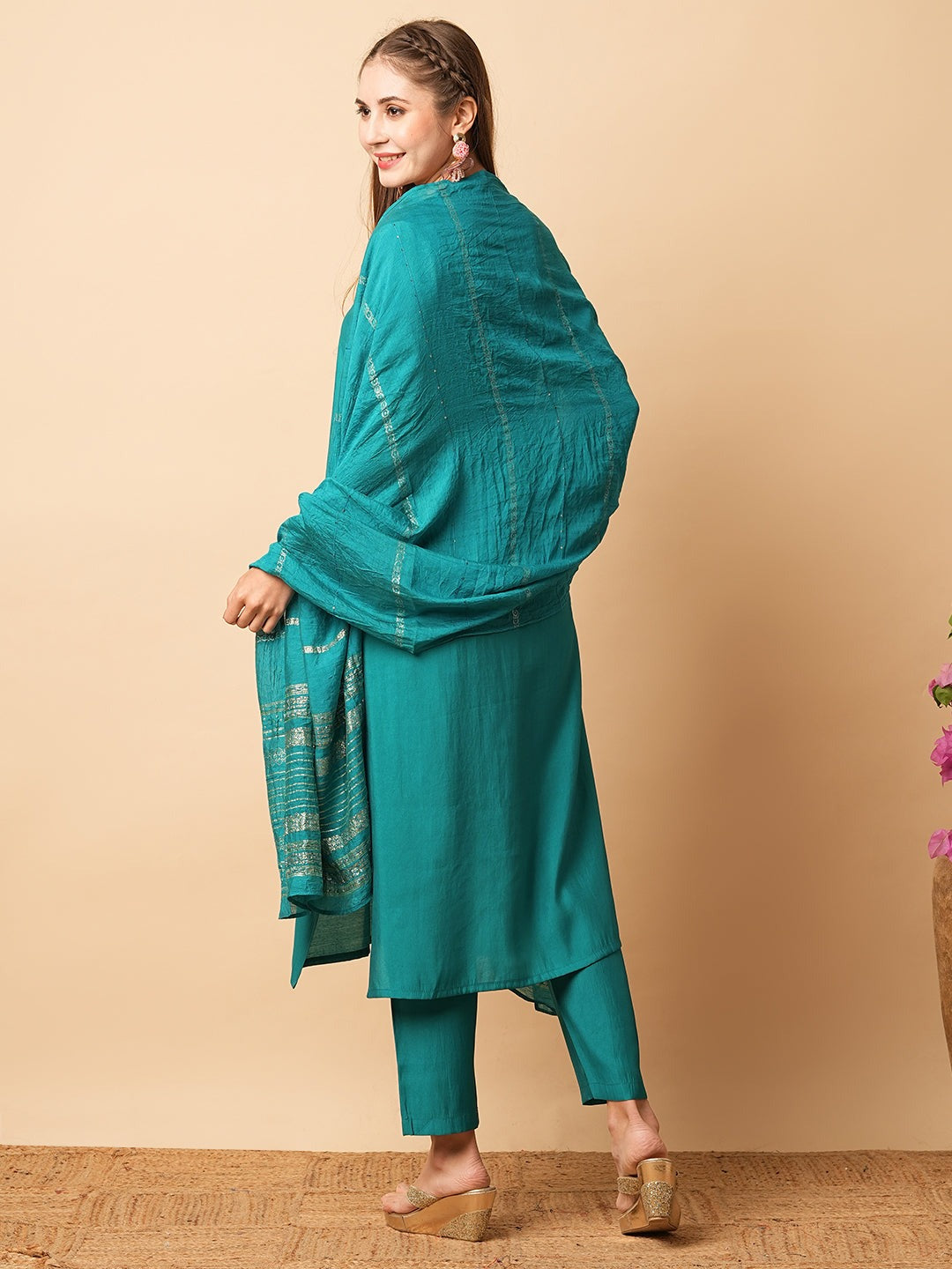 Embroidered Thread Work A-Line Kurta with Trousers & Dupatta