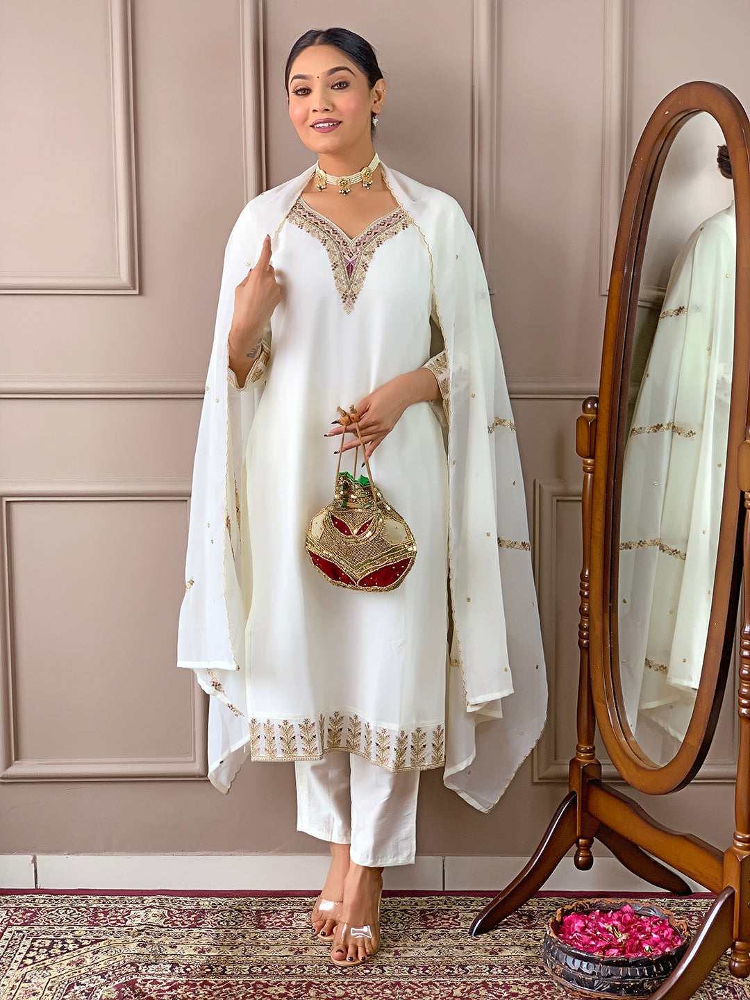 Women Embellished & Embroidered Straight Kurta with Dupatta