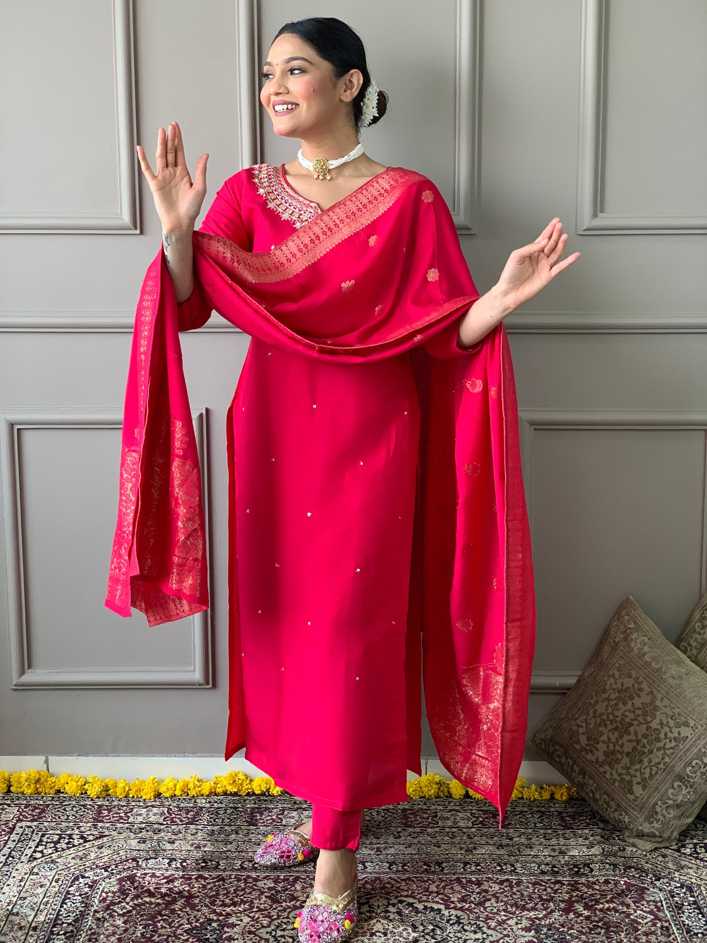 Women's Red Mustard Embroidered Silk Kurta Set with Dupatta