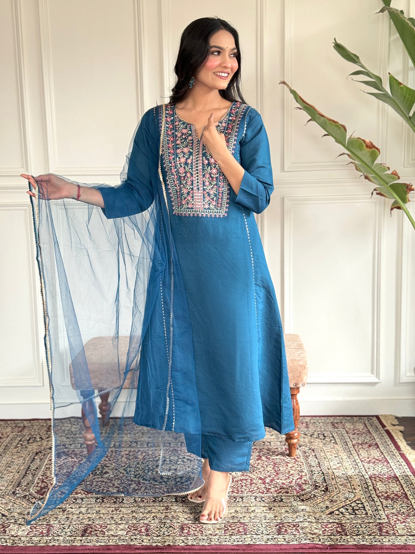 Women's Embroidered A-Line Blue Kurta Suit Set