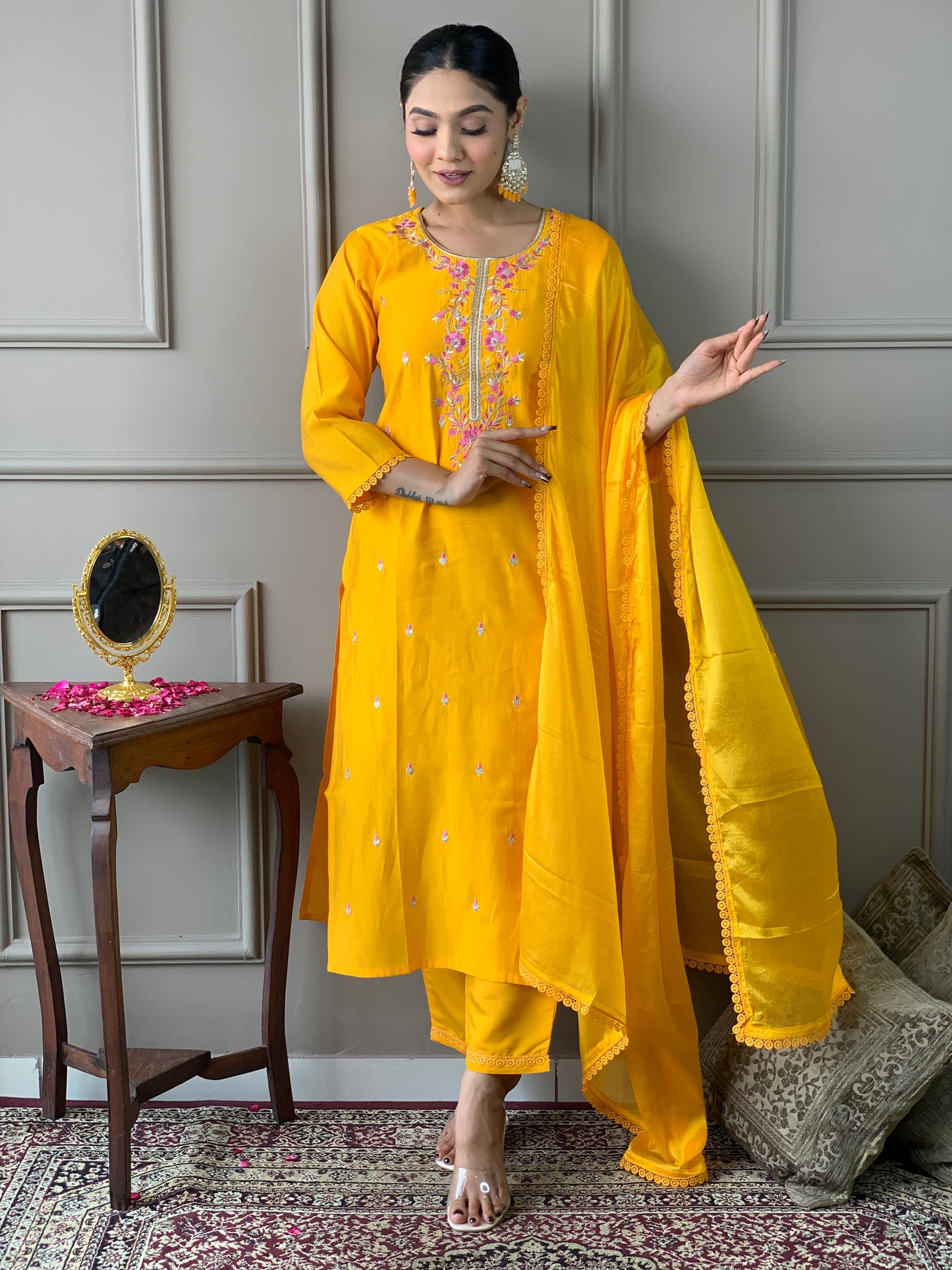 Floral Embroidered Chanderi Silk Kurta with Trousers & Dupatta