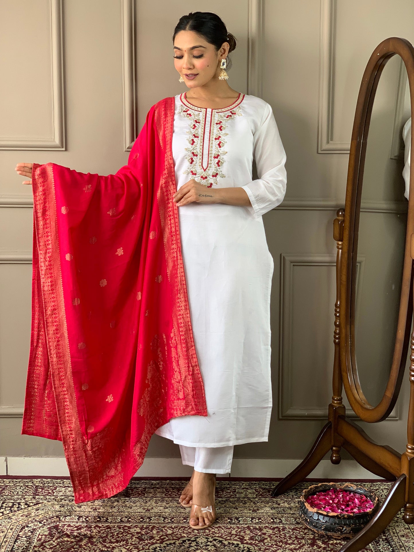 Red and Off-White Digital Floral Printed Nylon Kurta Set