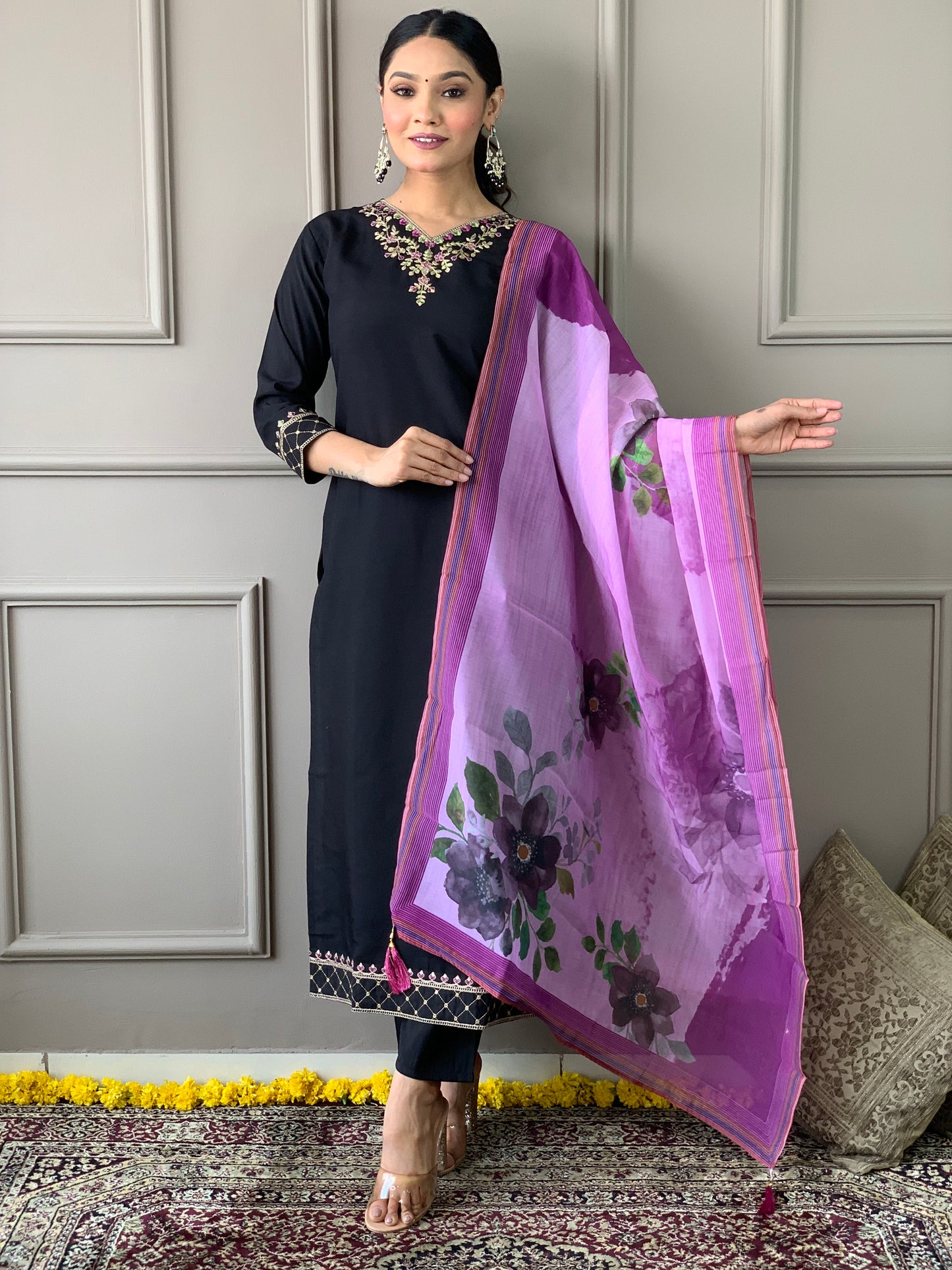 Womens Black Embroidered Viscose Silk Kurta Set with Dupatta