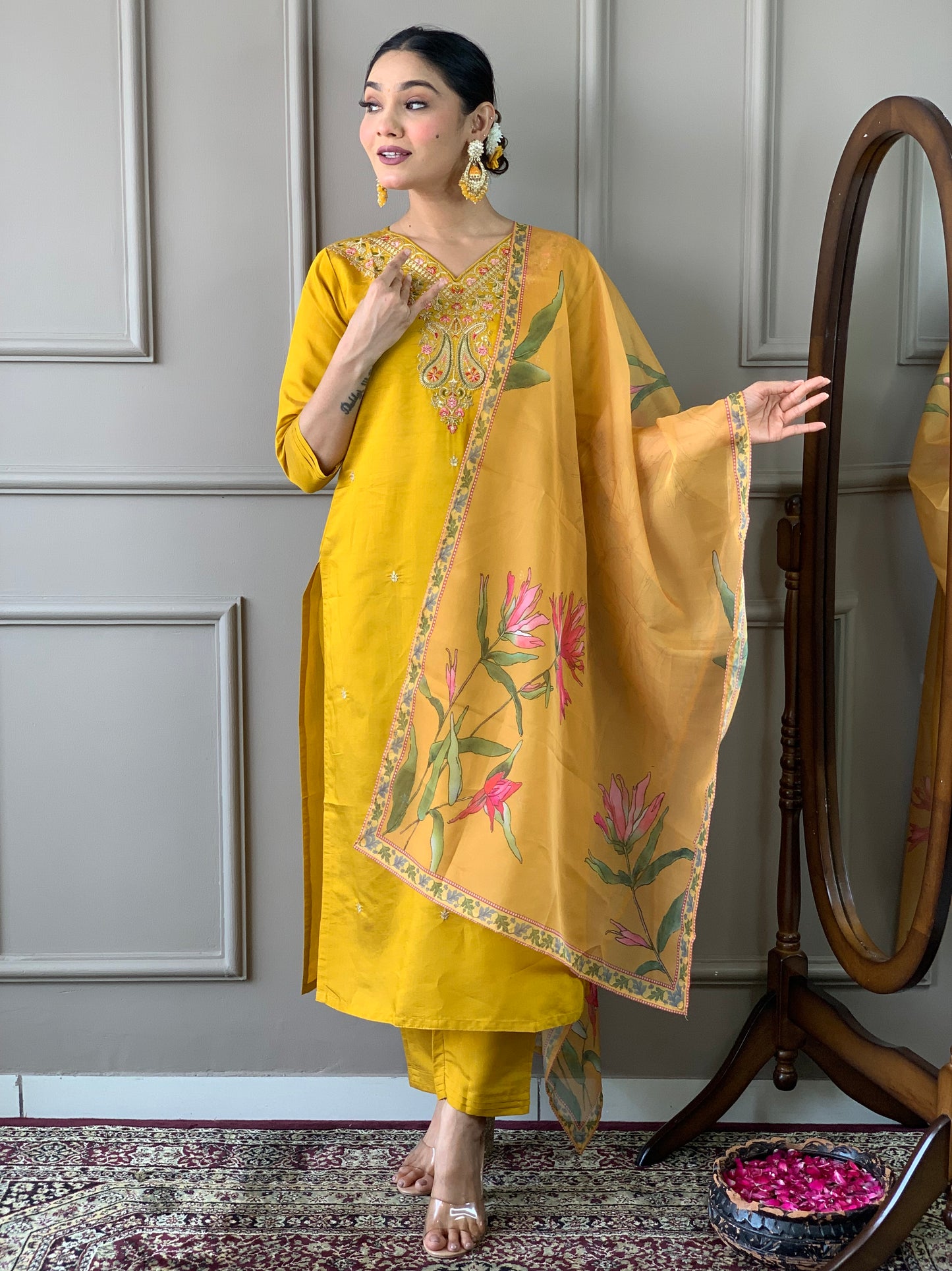 Women's Mustard Embroidered Viscose Kurta Set with Printed Dupatta