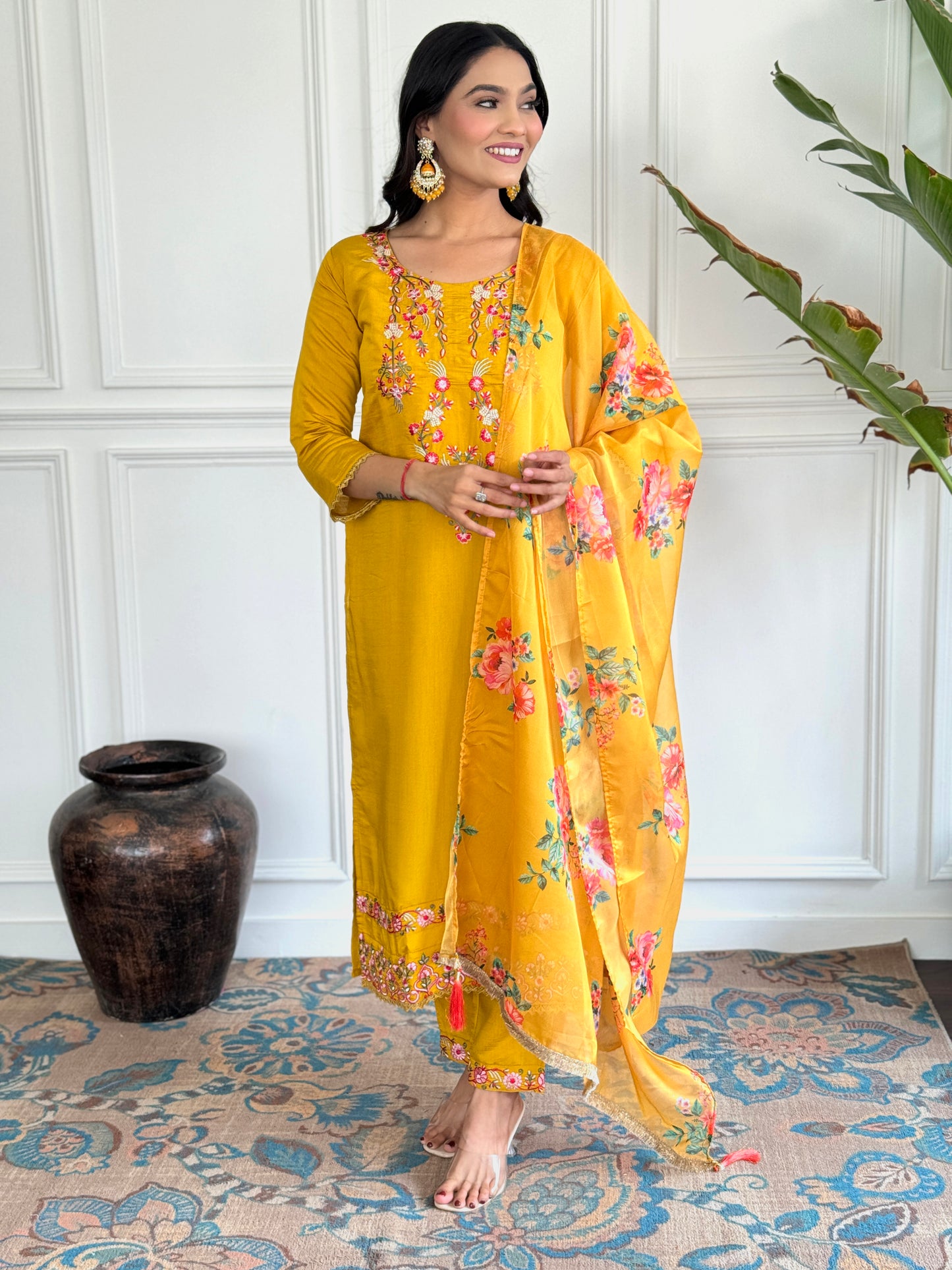 Mustard Viscose Chanderi Straight Embroidery Kurta Set