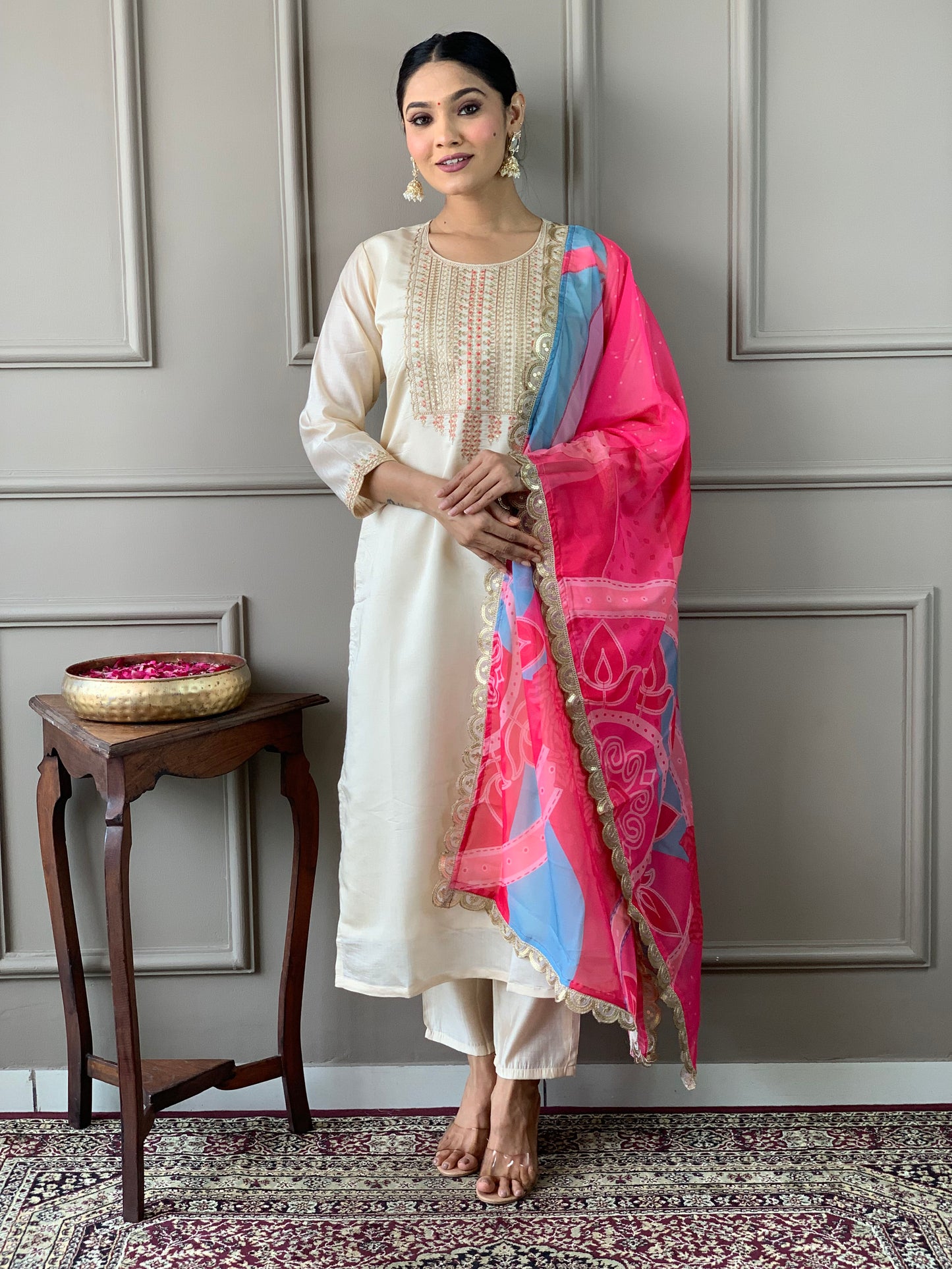 White Embroidered Viscose Chanderi Straight Kurta Set