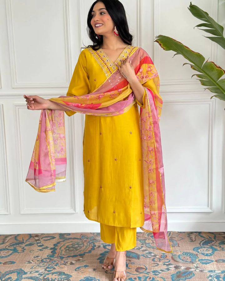 Women’s Mustard Embroidered Straight Kurta Set with Dupatta