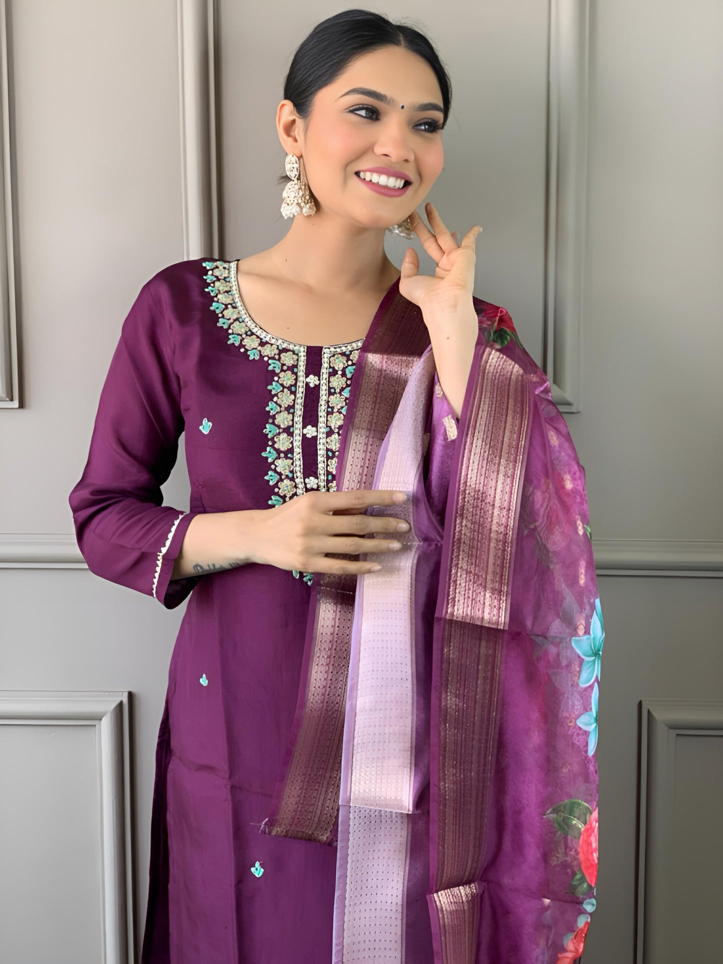 Wine Embroidered Straight Kurta Set with Dupatta