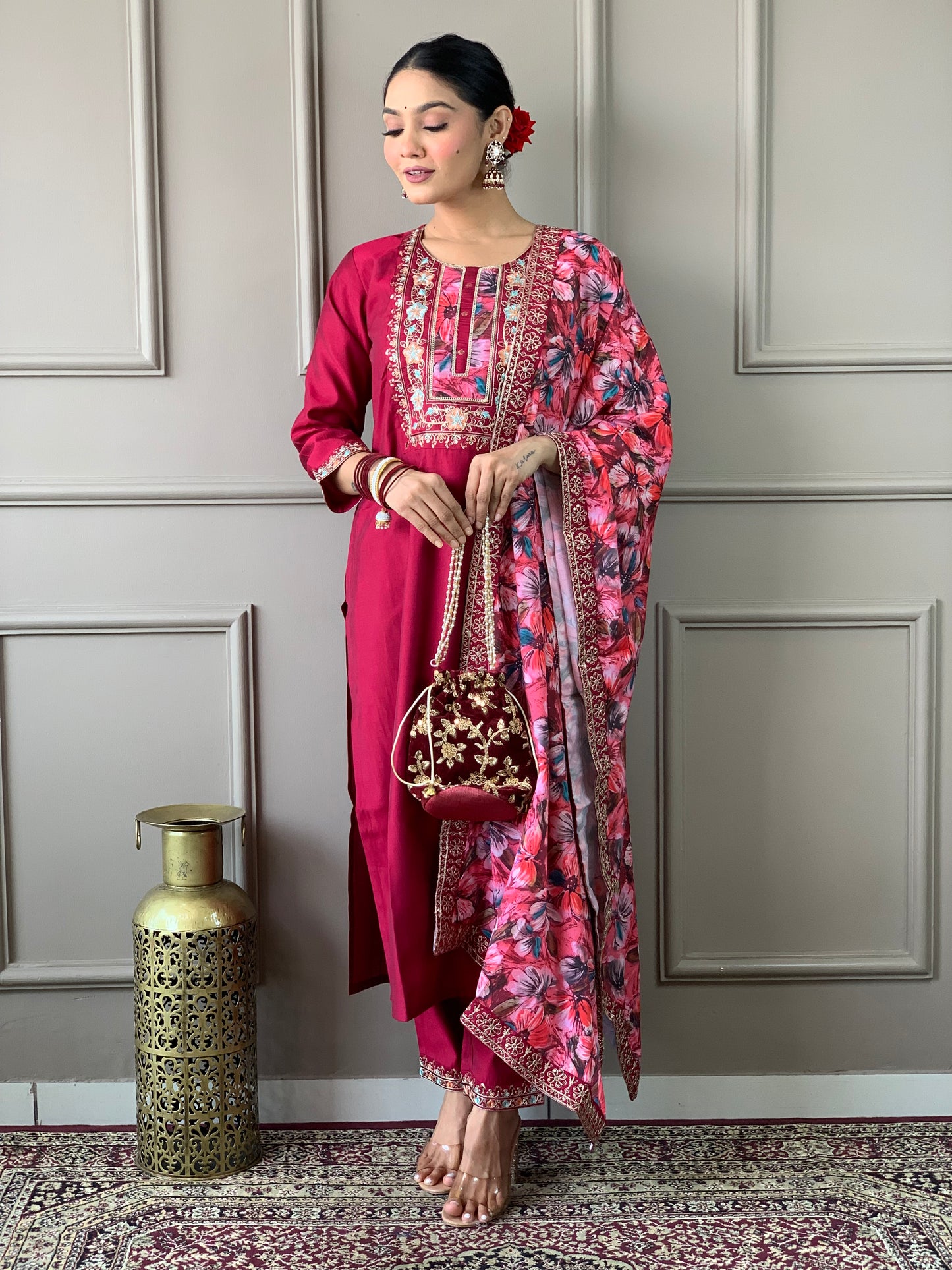 Women's Classy Pink Ethnic Design Kurta with Trousers & Dupatta