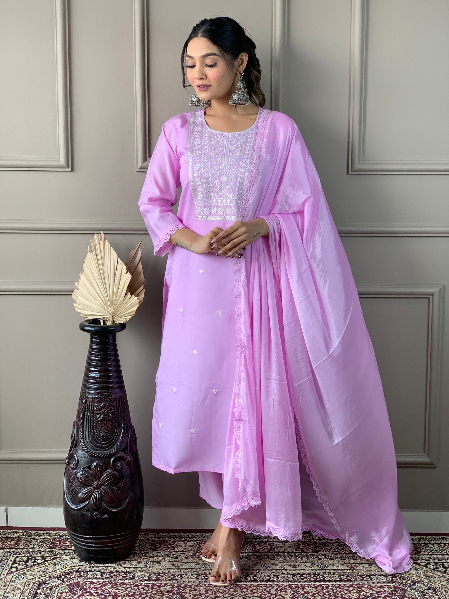 Women's Pink Printed Kurta With Pant & Dupatta Set