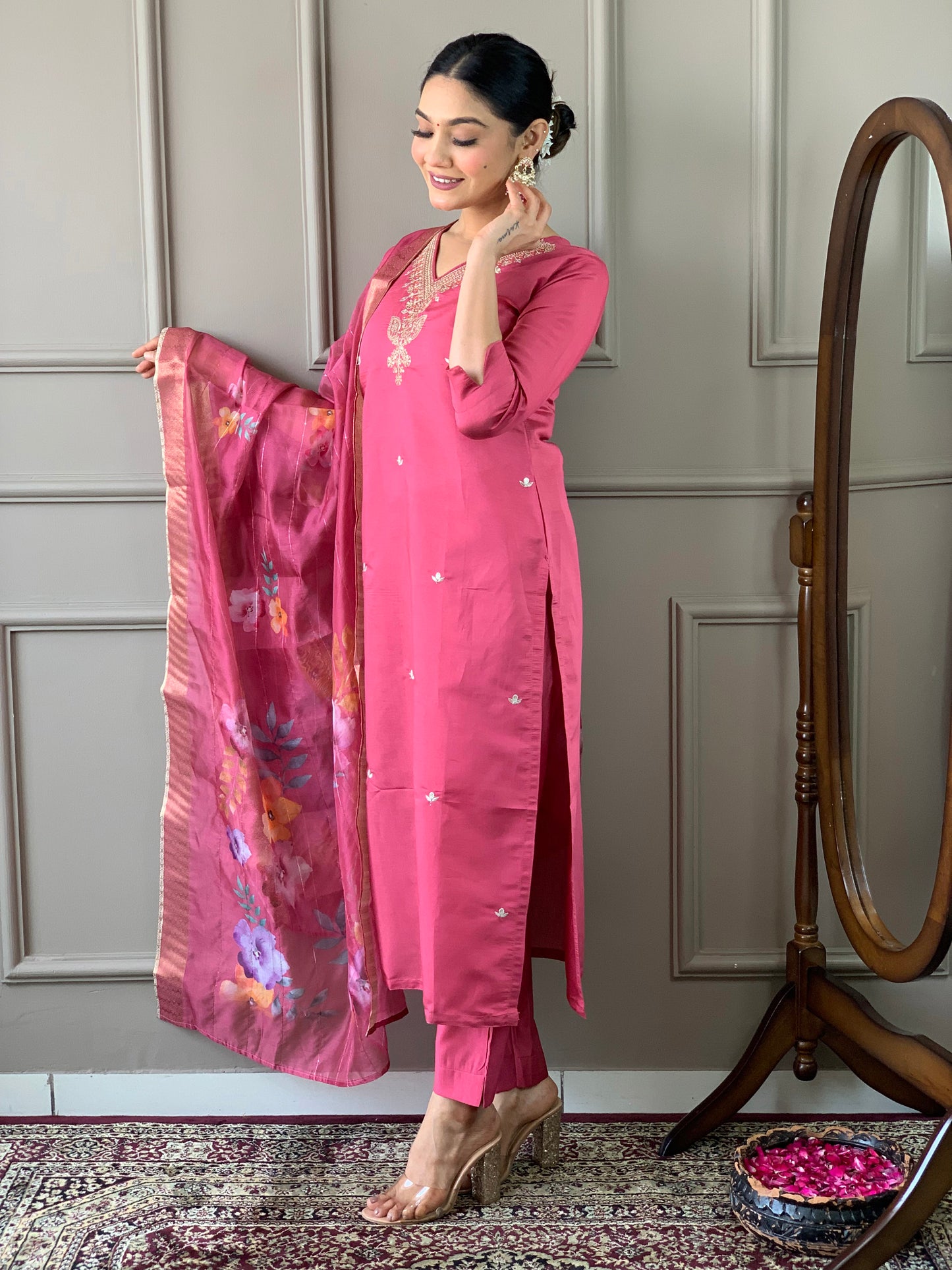 Gajri Embroidery Viscose Silk Kurta Set with Printed Dupatta