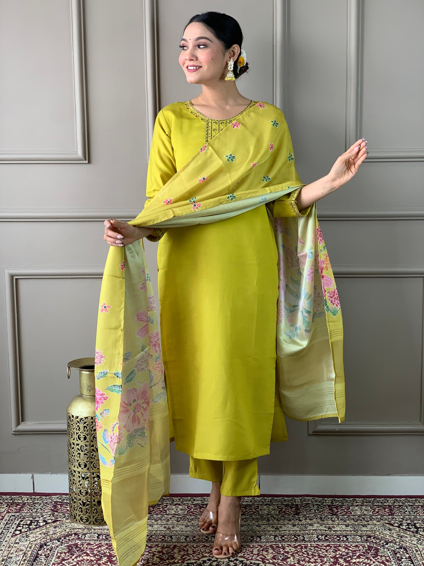 Women Embroidered Viscose Straight Kurta Set with Dupatta