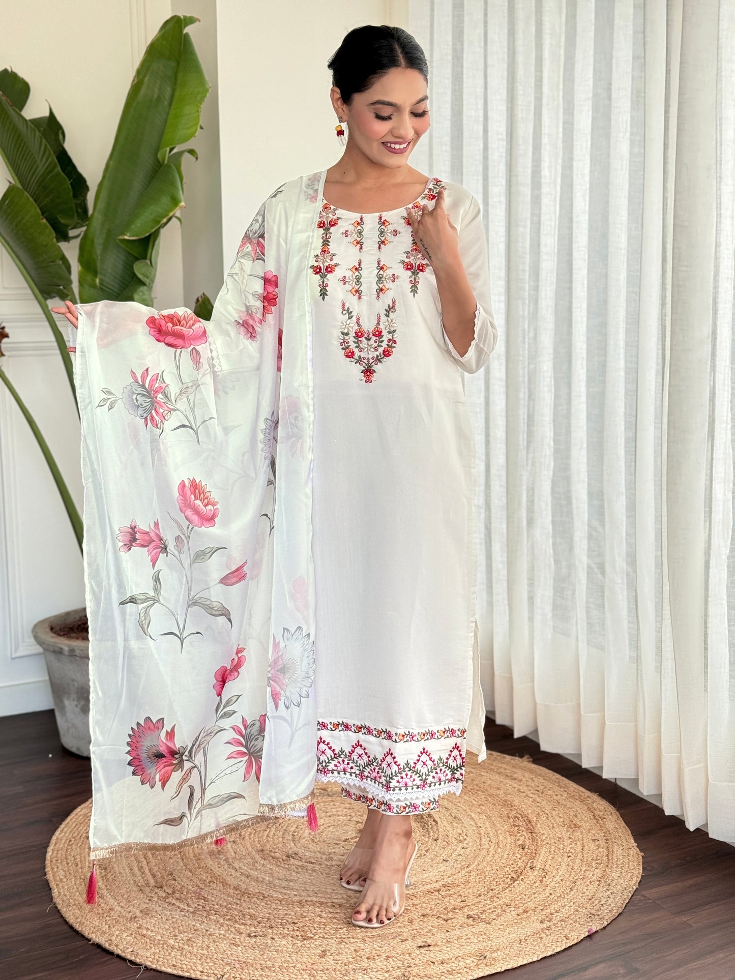 Women Embroidered Silk Straight Kurta Set With Dupatta