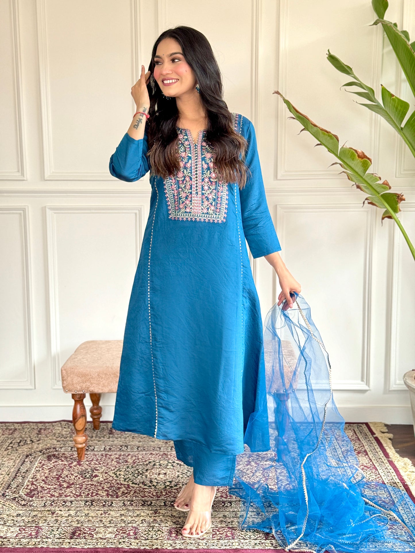 Women's Embroidered A-Line Blue Kurta Suit Set