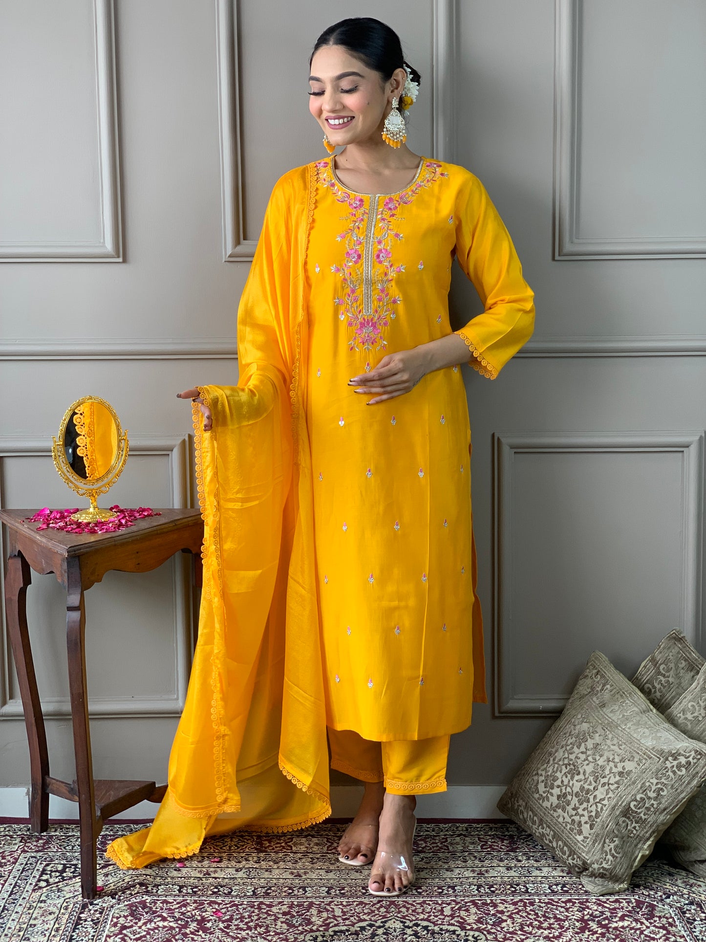 Floral Embroidered Chanderi Silk Kurta with Trousers & Dupatta