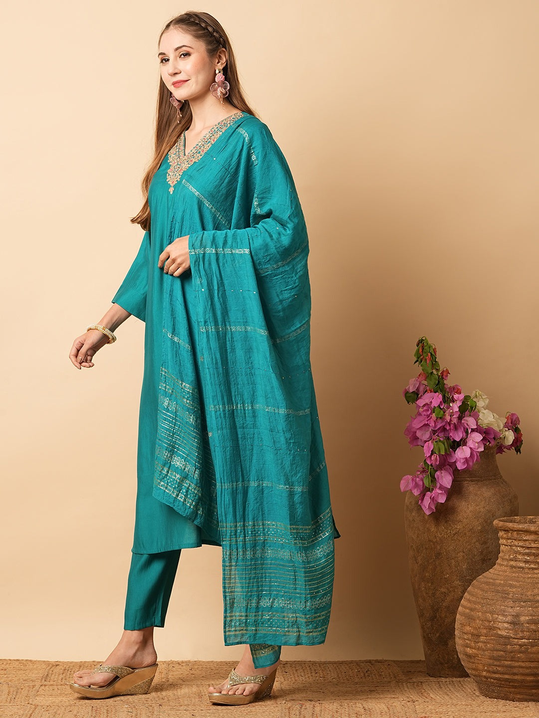 Embroidered Thread Work A-Line Kurta with Trousers & Dupatta