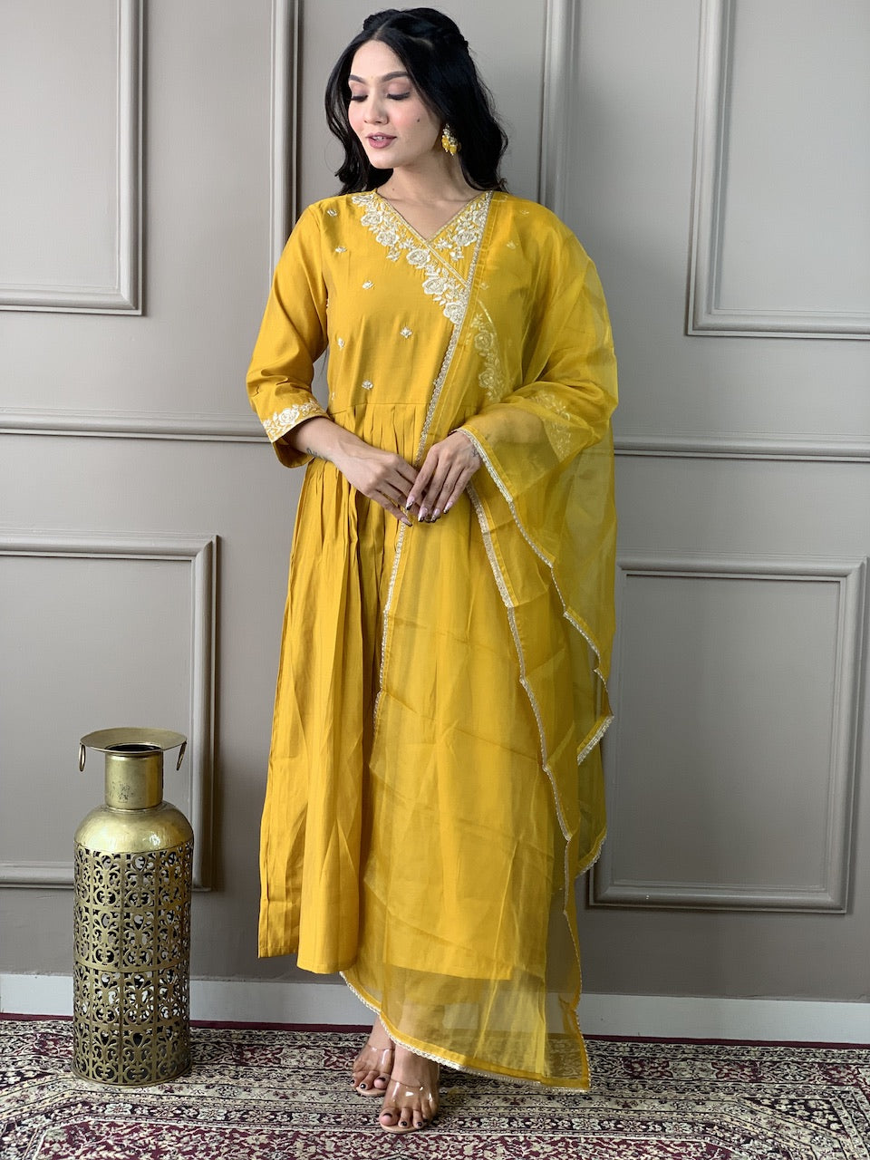 Anarkali  Chanderi Embroidered Kurta Set with  Dupatta