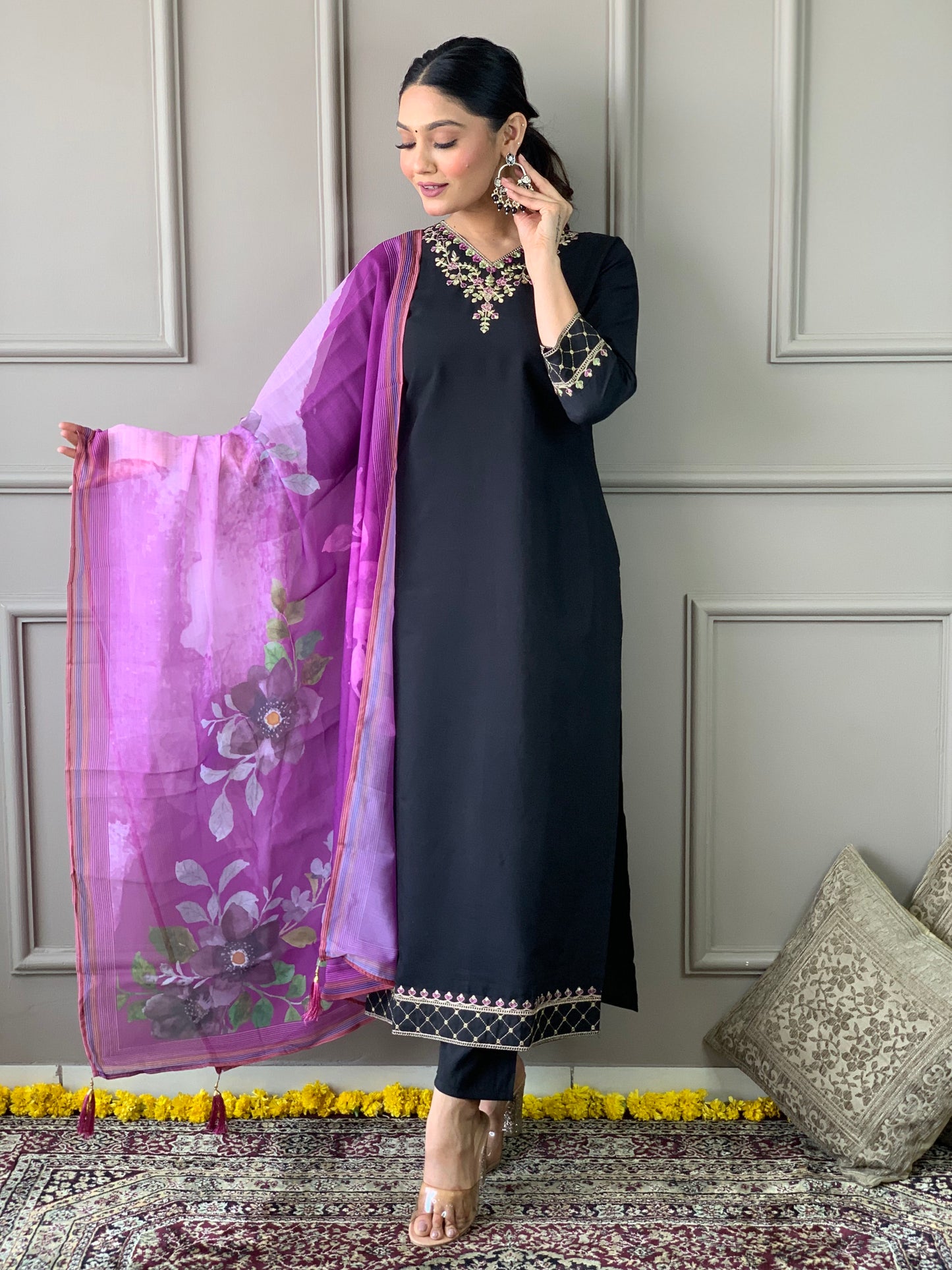 Womens Black Embroidered Viscose Silk Kurta Set with Dupatta