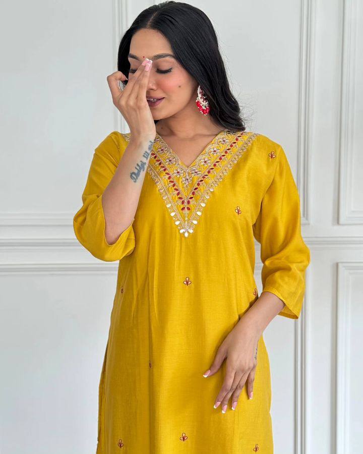 Women’s Mustard Embroidered Straight Kurta Set with Dupatta