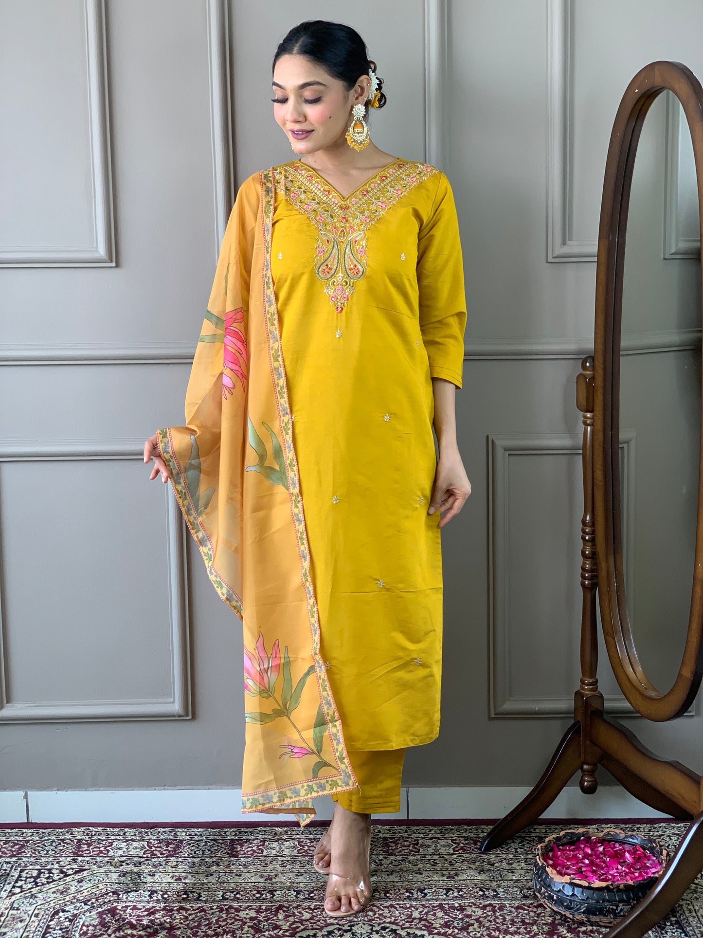 Women's Mustard Embroidered Viscose Kurta Set with Printed Dupatta