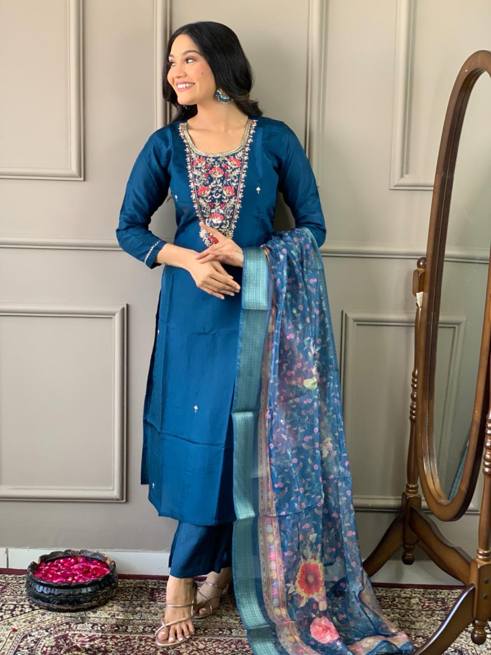 Viscose Chanderi Embroidered Straight Kurta Set with Dupatta