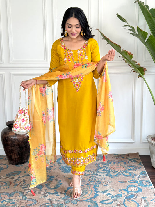 Mustard Viscose Chanderi Straight Embroidery Kurta Set