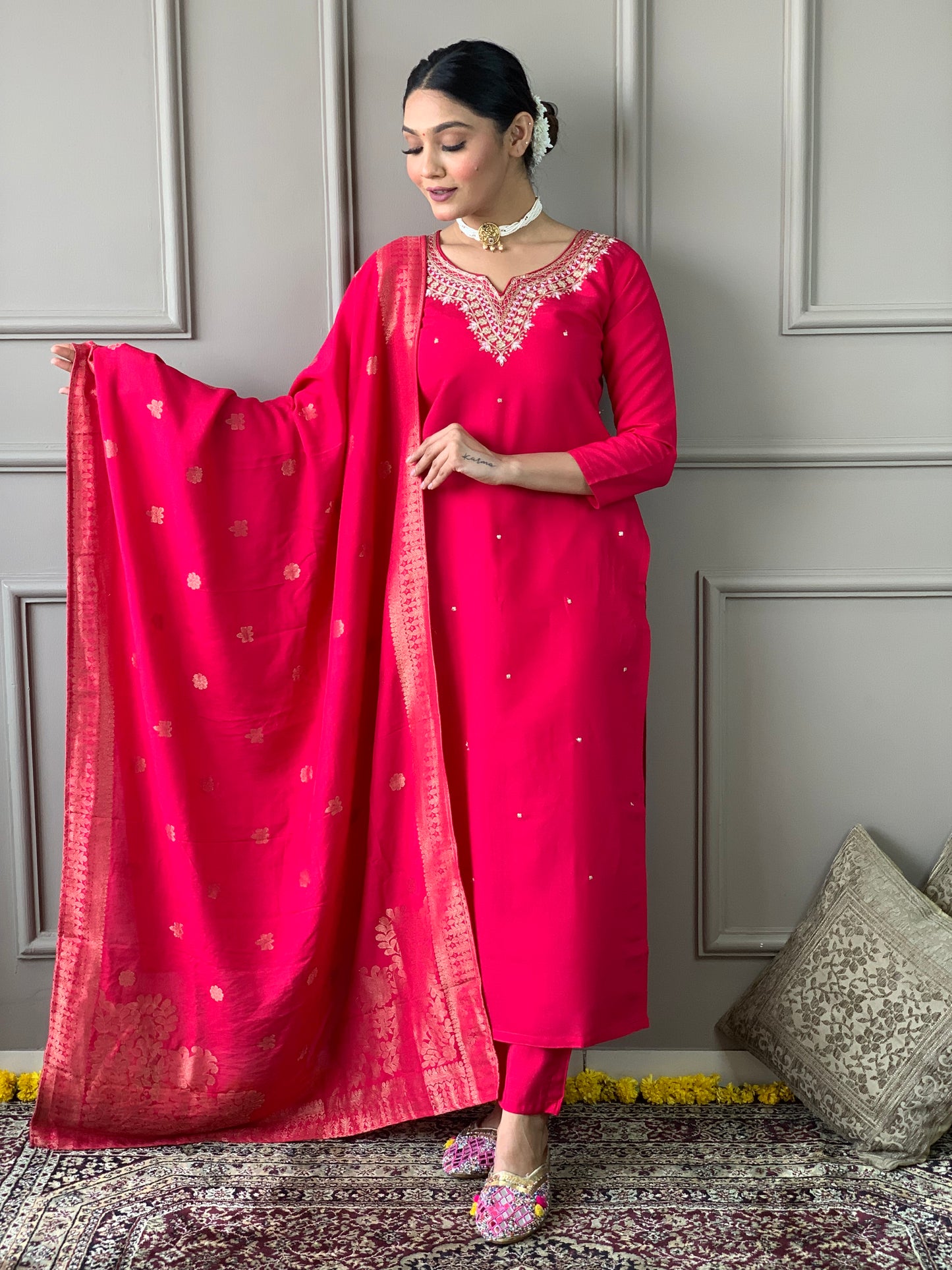 Women's Red Mustard Embroidered Silk Kurta Set with Dupatta