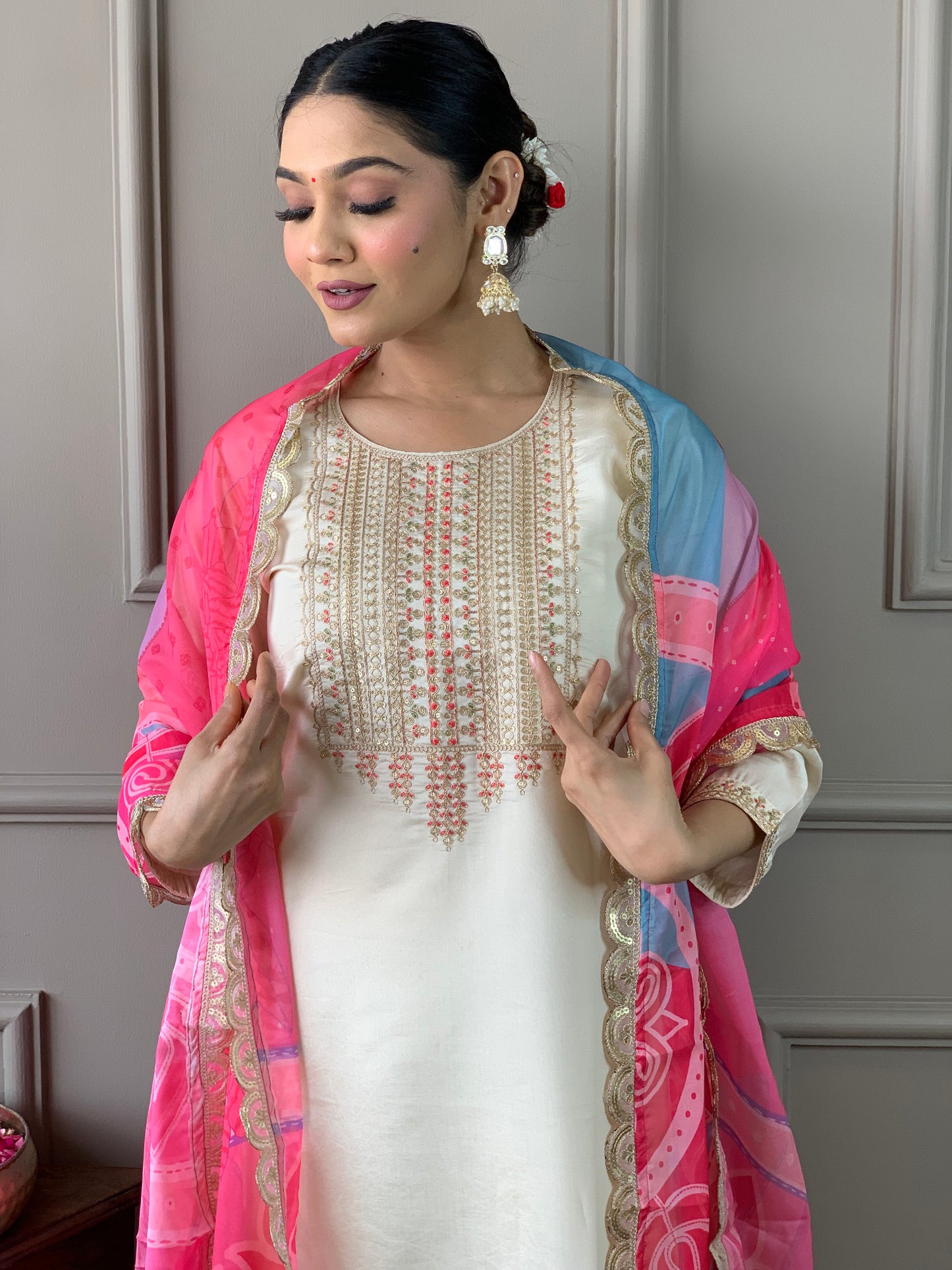 White Embroidered Viscose Chanderi Straight Kurta Set