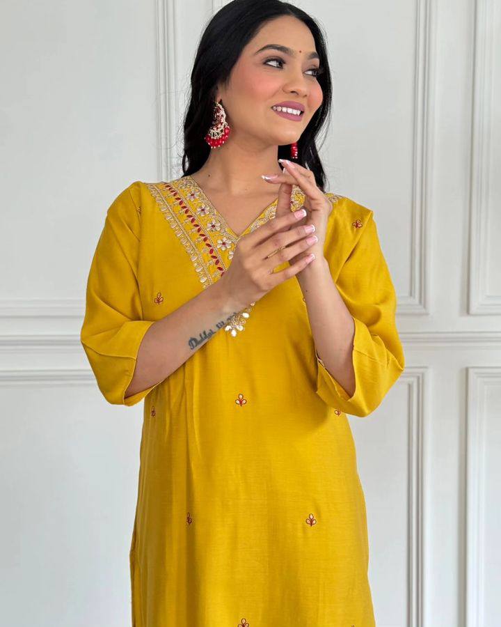 Women’s Mustard Embroidered Straight Kurta Set with Dupatta