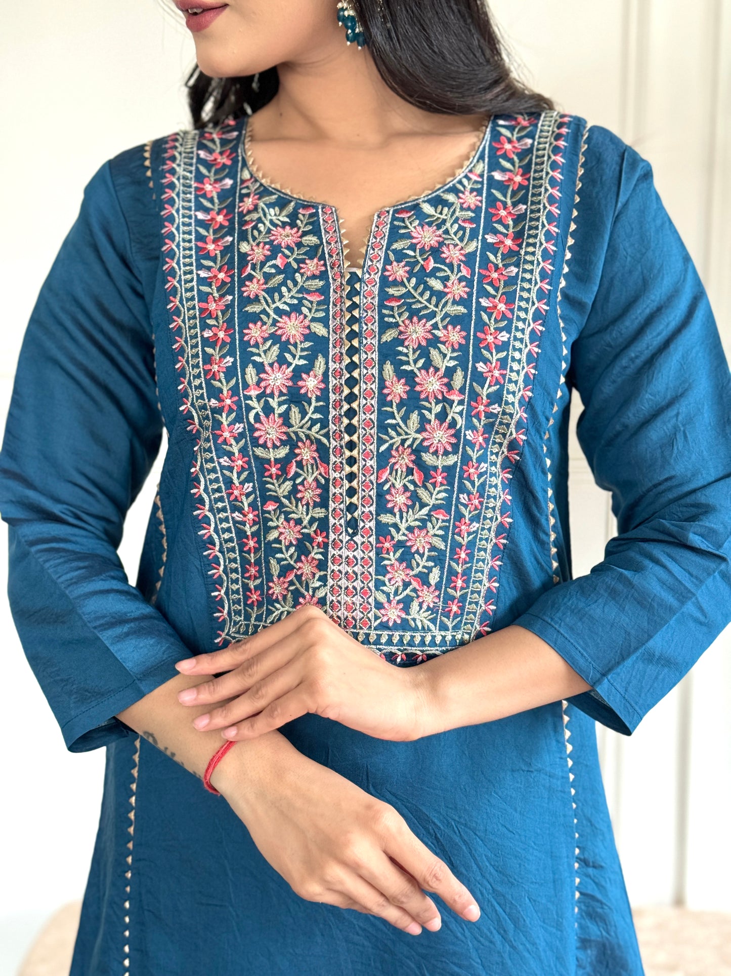 Women's Embroidered A-Line Blue Kurta Suit Set