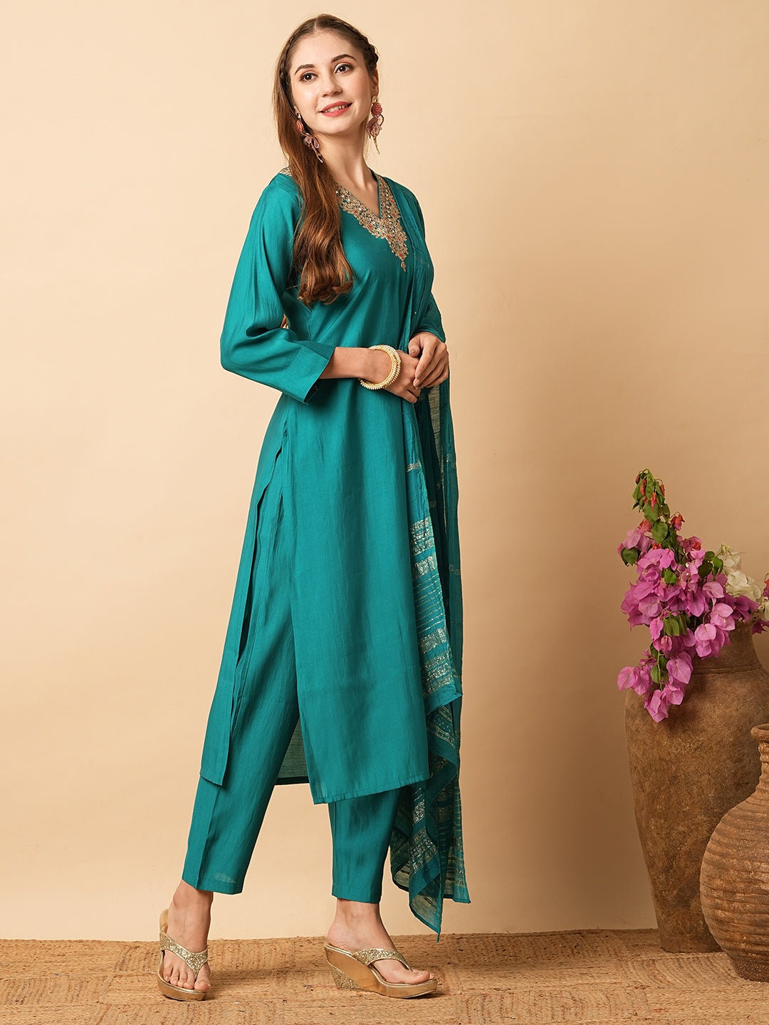 Embroidered Thread Work A-Line Kurta with Trousers & Dupatta