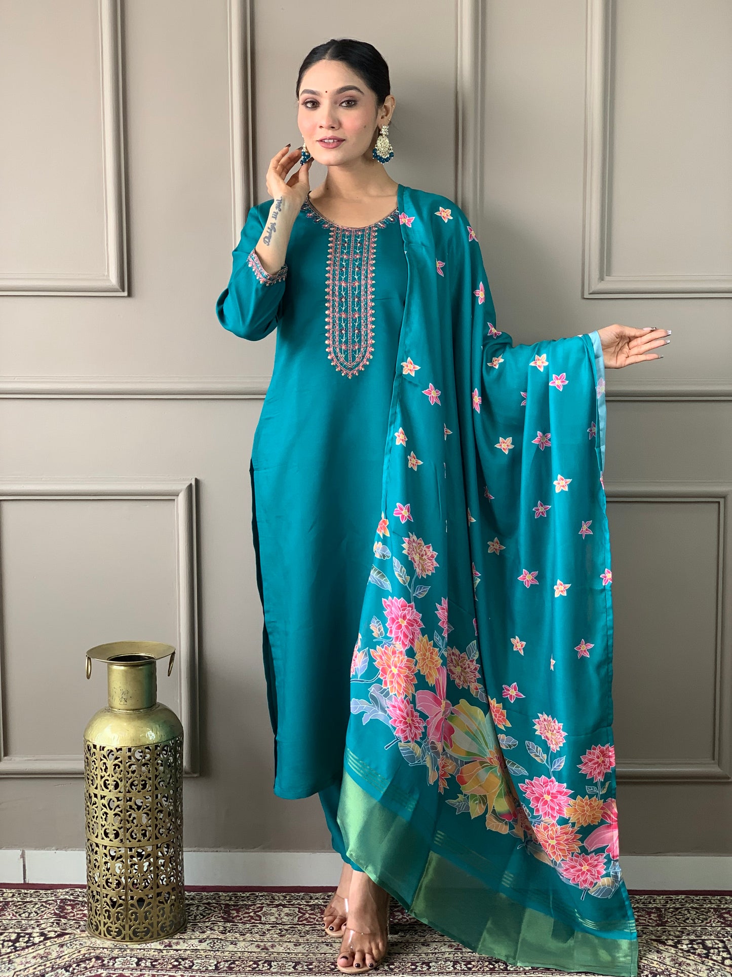 Women Embroidered Viscose Straight Kurta Set with Dupatta