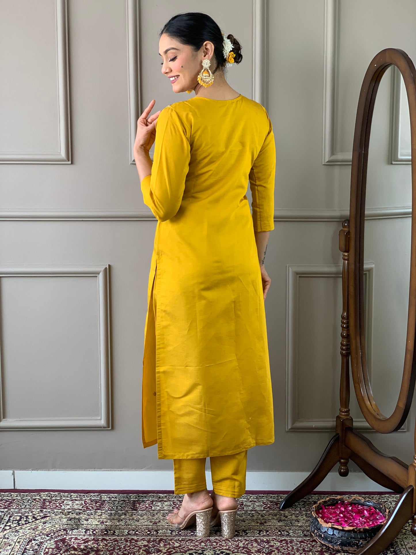 Women's Mustard Embroidered Viscose Kurta Set with Printed Dupatta