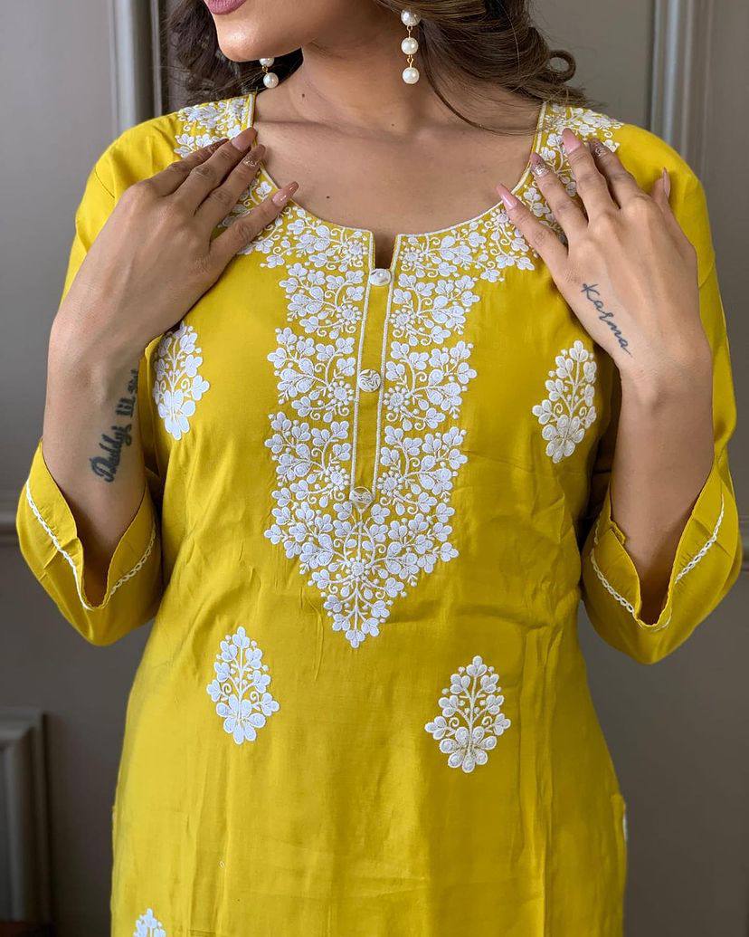 Women Embroidered Pure Viscose Chanderi Kurta Set in Yellow