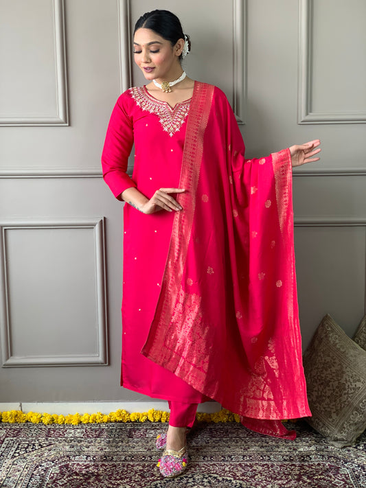 Women's Red Mustard Embroidered Silk Kurta Set with Dupatta