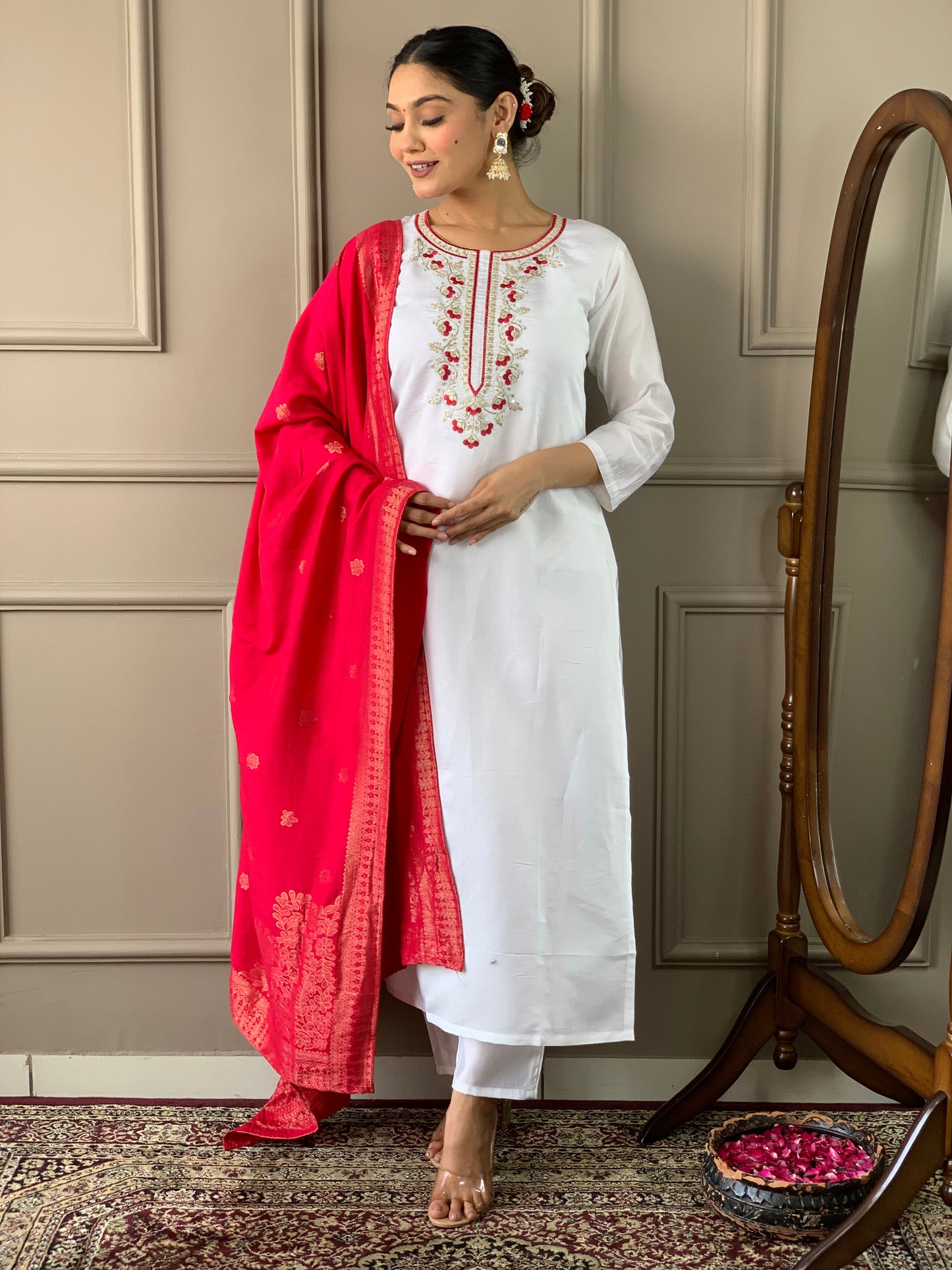 Red and Off-White Digital Floral Printed Nylon Kurta Set