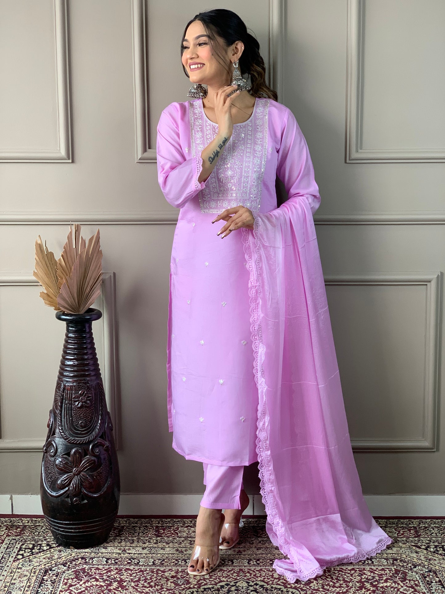 Women's Pink Printed Kurta With Pant & Dupatta Set