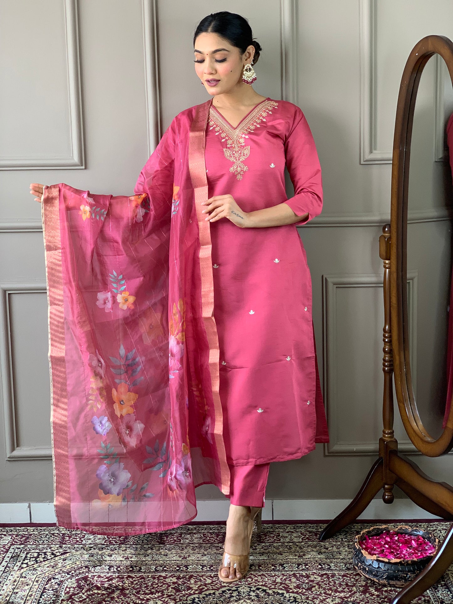 Gajri Embroidery Viscose Silk Kurta Set with Printed Dupatta