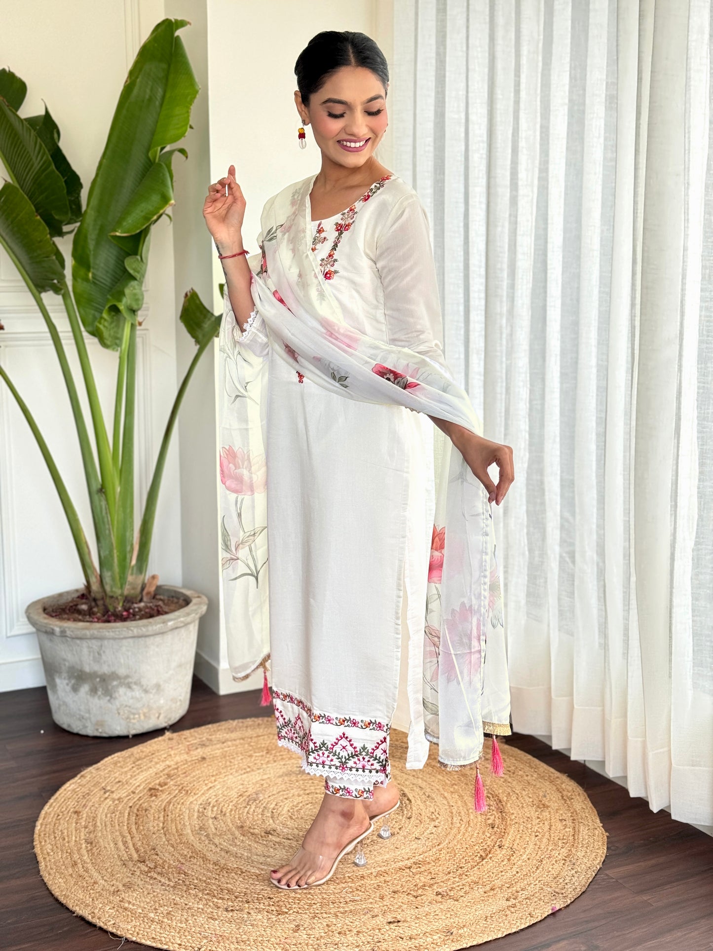 Women Embroidered Silk Straight Kurta Set With Dupatta