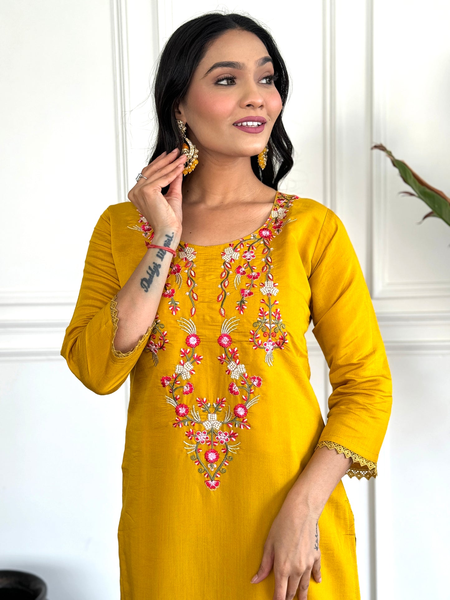 Mustard Viscose Chanderi Straight Embroidery Kurta Set